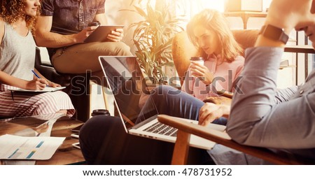 Group Modern Young Business People Gathered Together Discussing Creative Project.Coworkers Meeting Communication Discussion Working Office Startup Concept.Businessman Work Laptop.Color Filter Flares