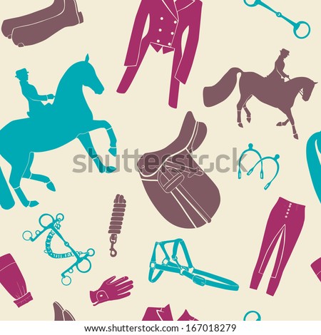 Beautiful seamless horse equipment pattern with different horse gear. Perfect horse training equipment drawn in vector.