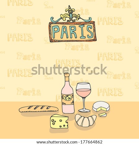 Vector set pf french food including wine, cheese, bread.