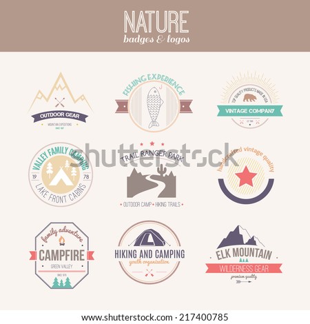 Camping and outdoor activity logo collection - mountain gear, hiking, summer camp labels, badges and design elements made in flat vintage vector style.