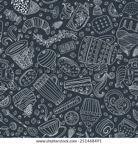 Cute seamless pattern with sweets and desserts cupcake ice cream teapot Doodle style vector Baked goods restaurant menu and tea party background Cute seamless pattern with sweets and desserts cupcake ice cream teapot Doodle style vector Baked goods restaurant menu and tea party background