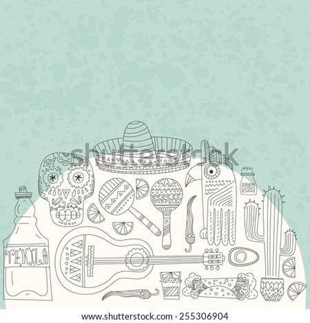 Perfect hand drawn card template with mexican symbols avocado cactus skull guitar sombrero tequila taco skull aztec mask music instruments Perfect hand drawn card template with mexican symbols avocado cactus skull guitar sombrero tequila taco skull aztec mask music instruments