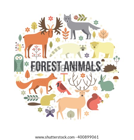 Collection of forest animals arranged in a circle. Flat style illustration isolated on background.  Zoo cartoon collection for children books and posters. Wolf, reindeer, moose, racoon, fox