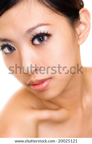 stock photo : beautiful asian woman face complexion with make up and contact 