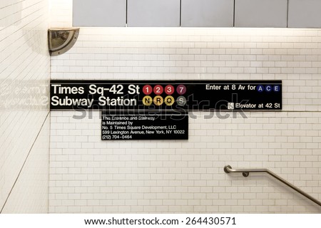 New York, NY, USA - June 7, 2014: Times Sq-42 St Subway Station: Times square subway station signs in Manhattan