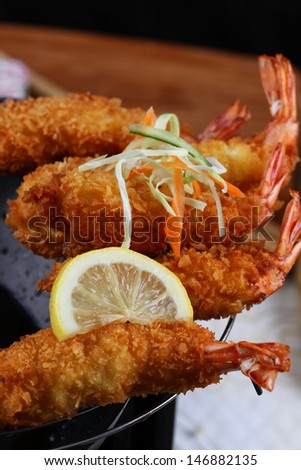 japanese food, fried shrimp and salmon teriyaki