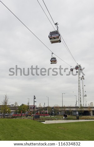 LONDON, UK - OCTOBER 20: Details of Emirates Air Line cable car, which connects North Greenwich station, in the South of the Thames, to the North. October 20, 2012 in London.