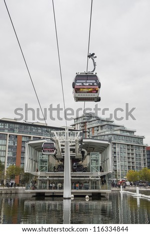 LONDON, UK - OCTOBER 20: Royal Victoria Docks cable car station. The Emirates Air line cable car connects North Greenwich station, in the South of the Thames, to the North. October 20, 2012 in London.