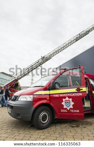 LONDON, UK - OCTOBER 20: Detail of British fire brigade dog team van. Firefighters demonstrate their skills at the World Rescue Challenge, at the Excel Centre. October 20, 2012 in London.