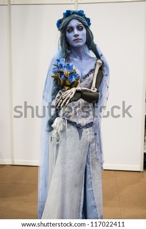 LONDON, UK - OCTOBER 28: Tim Burton\'s Corpse Bride poses at the London Comicon MCM Expo. Most participants dress up as superheroes for the Euro Cosplay Championship. October 28, 2012 in London.