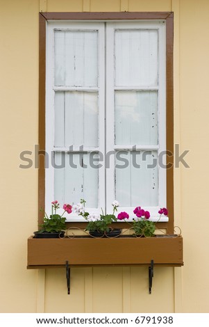 Front shot of a countryside-like window with flowerbed with three plant bowls