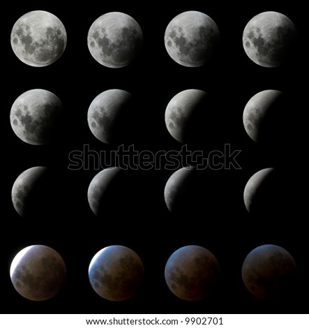 Sixteen digitally enhanced shots of a moon eclipse photographed in intervals of roughly 5 minutes (as seen in Brazil on the night of February 20th).