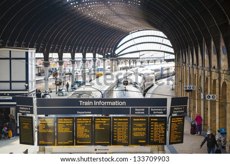YORK, UK - MARCH 29: Information display at York Railway Station. Inaugurated in 1877 and bombed during WW2, it is one of the most important railway junctions in Britain. March 29, 2013 in York.