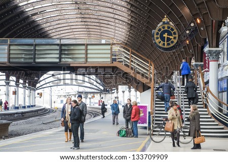 YORK, UK - MARCH 31: Platform in York Rail Station. Inaugurated in 1877 and bombed during WW2, it is one of the most important railway junctions in the British network. March 31, 2013 in York.