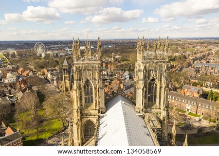 YORK, UK - MARCH 30: Roof of York Minster overlooking city. The Minster dates back from 1291 March 30, 2013 in York.