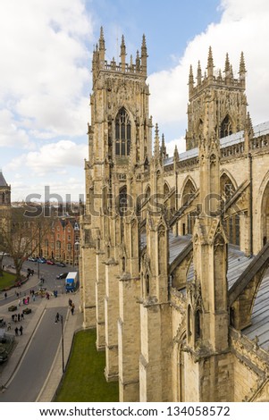 YORK, UK - MARCH 30: Roof of York Minster overlooking city. The Minster dates back from 1291 March 30, 2013 in York.