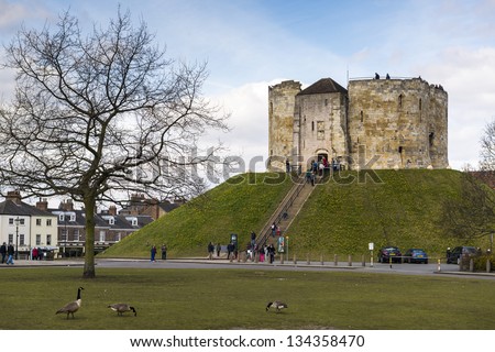 YORK, UK - MARCH 31: Front entrance to Clifford\'s Tower. The tower\'s original mound dates back from 1068. March 31, 2013 in York.