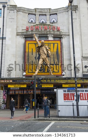 LONDON, UK - APRIL 07: Entrance to We Will Rock You musical in Tottenham Court Road. The show celebrates the music of rock band Queen. April 07, 2013 in London.