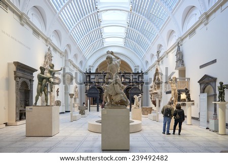 LONDON, UK - DECEMBER 20: Victoria and Albert museum\'s Medieval and Renaissance room, with statue of Samson slaying a Philistine in the centre. December 20, 2014 in London.