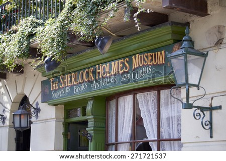 LONDON, UK - APRIL 22: Detail of banner in the entrance to the Sherlock Holmes museum. April 22, 2015 in London.