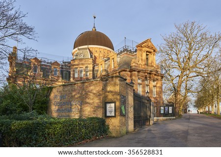 LONDON, UK - DECEMBER 28: Back of the Royal Observatory Greenwich, next to the meridian line. December 28, 2015 in London.