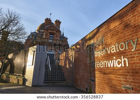 LONDON, UK - DECEMBER 28: Entrance to the Royal Observatory Greenwich, next to the meridian line. December 28, 2015 in London.