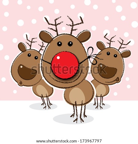 Red Nosed Reindeer wearing a Funny Clown\'s Nose as a Disguise in front of herd on Pink Snowing background - Raster