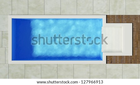 Turquoise blue swimming pool with marble stones and wood paneling