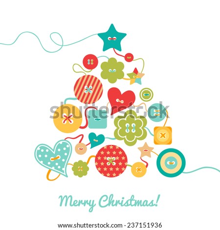 Creative greeting card Merry Christmas and Happy New year 2015. Christmas tree with colored buttons of different shapes on a white background. Vector illustration.
