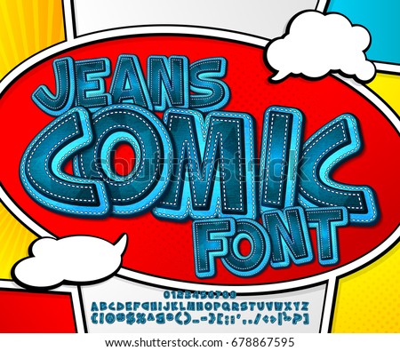Blue denim font on comic book page. Alphabet in style of comics, pop art. Cartoon jeans multilayer letters and figures for decoration of kids' illustrations, game design, comics, banners
