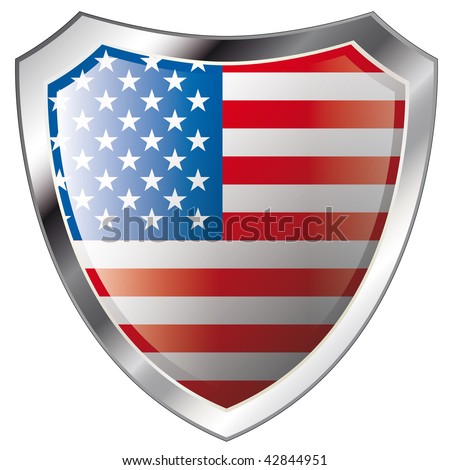 Usa America Flag On Metal Shiny Shield Vector Illustration. Collection