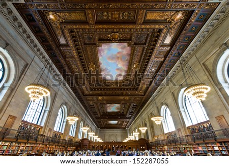 NEW YORK CITY - MAY 5: New York Public Library, the third largest public library in North America. Detail of the ceiling of the Rose main reading room. May 5th, 2013 in Manhattan, New York City.