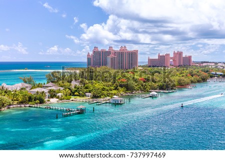 Paradise island with the Atlantis Resort at the background, Nassau, Bahamas\
Awesome Atlantis Resort on Paradise island in the island of Nassau, in the heart of the Caribbean sea in a sunny summer day.