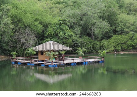 wooden raft on the river,Middle of the forest,Thailand