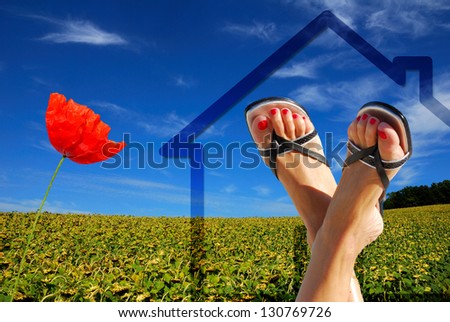 concept of green ecological house with poppy and feet