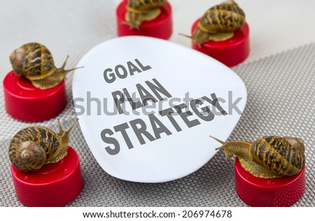 metaphor of business meeting with snails around table and words goal plan and strategy