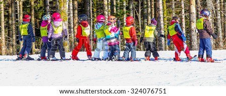GERARDMER, FRANCE - FEB 20 - French children form ski school groups during the annual winter school holiday on Feb 20, 2015 in Gerardmer, France.