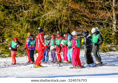 GERARDMER, FRANCE - FEB 19 - French children form ski school groups during the annual winter school holiday on Feb 19, 2015 in Gerardmer, France.