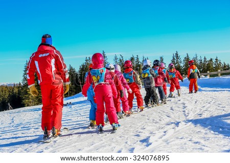 GERARDMER, FRANCE - FEB 20 - French children form ski school groups during the annual winter school holiday on Feb 20, 2015 in Gerardmer, France.
