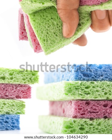 Collection Wisp of bast in hand isolated on white sponge for washing dishes
