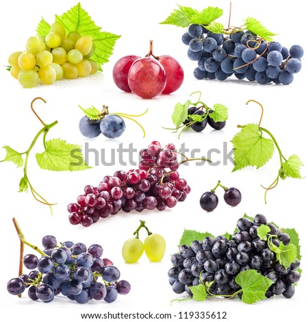 Collection of Dark and red grapes with leaves, Isolated on white background