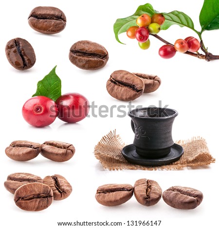 Collections of roasted and red coffee beans drink a cup of coffee isolated on white background Collections of roasted and red coffee beans drink a cup of coffee isolated on white background