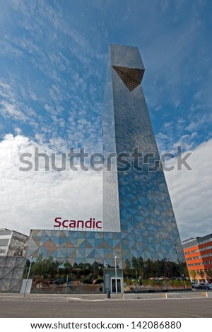 STOCKHOLM, SWEDEN - MAY 30: The Scandic Victoria Tower 120 m high  with its fascinating facade on May 30, 2013 in Kista, Stockholm,  It is named for the Crown Princess Victoria of Sweden.