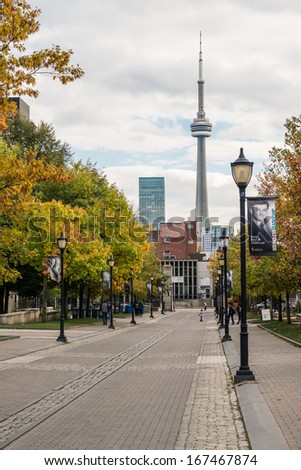 TORONTO, ON, CANADA - OCTOBER 22: View of CN tower from University of Toronto, in Toronto, ON, on October 22, 2013.
