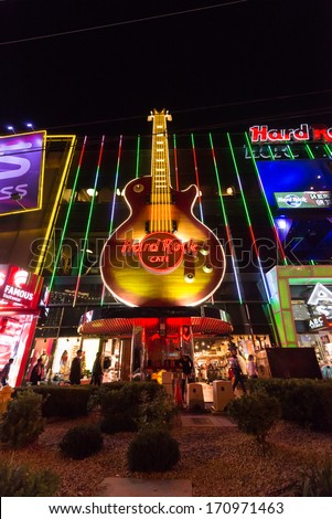 LAS VEGAS, NEVADA - DECEMBER 24: Hard Rock Casino and Hotel at night in Las Vegas, NV, on December 24, 2013.
