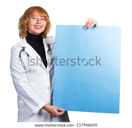 Woman Doctor with paper in our hands showing joy.Advertiser