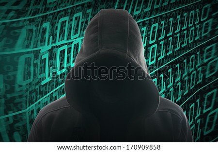 Silhouette of a hacker isolated on black with binary codes on background