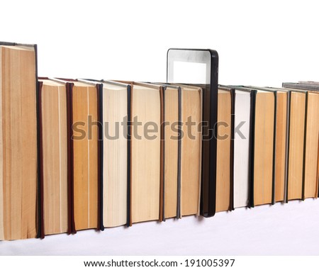 Archive.Line of old books and tablet PC over white background