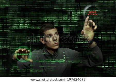 Silhouette of a hacker use  command of virus attack on graphic user interface