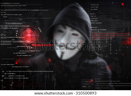 hacker in mask with graphic user interface around